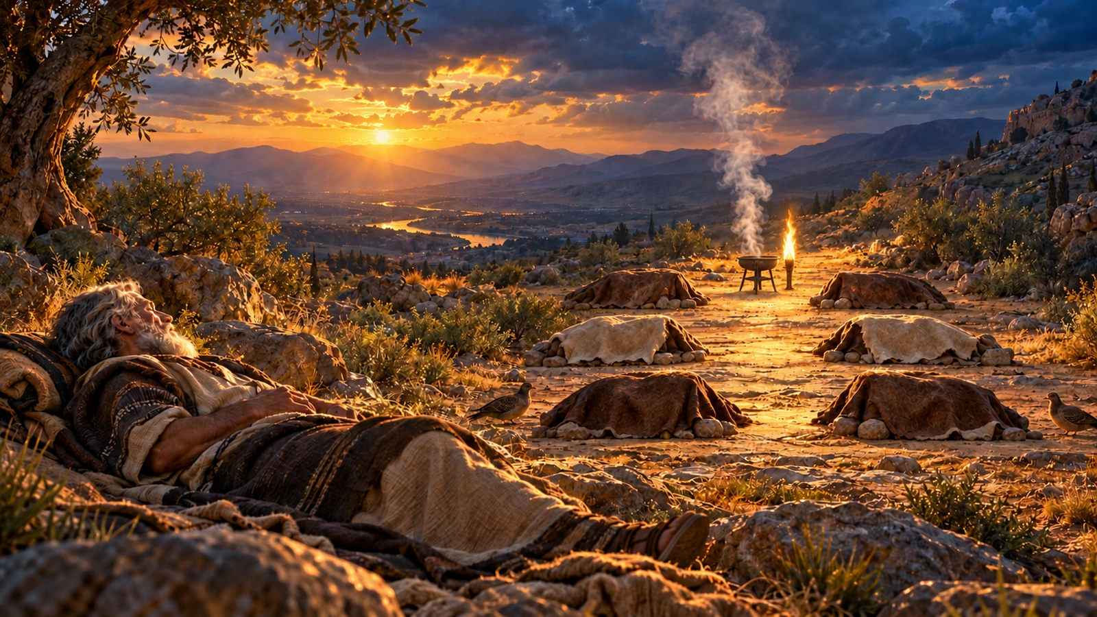 Abram in a deep sleep as a smoking firepot and flaming torch pass between the covenant pieces in Genesis 15.