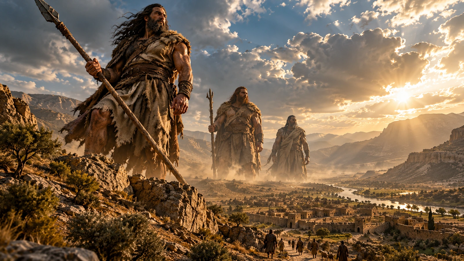 Three towering ancient warriors overlooking a valley settlement beneath a dramatic sky, illustrating an interpretation of the Nephilim in Genesis 6.