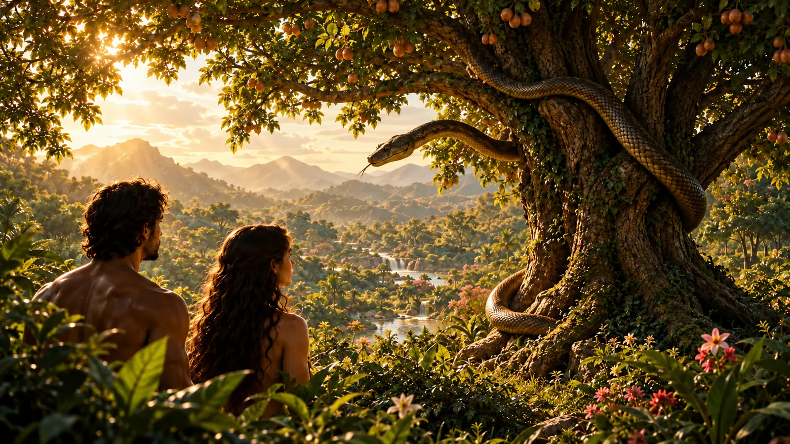 Adam and Eve face the serpent coiled around a tree in the Garden of Eden, illustrating the temptation narrative in Genesis 3.