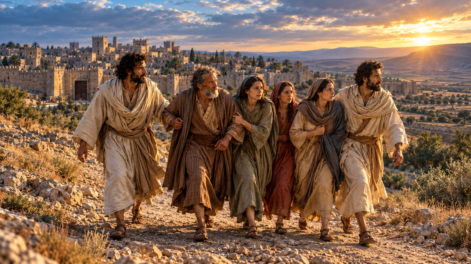 Two messengers guide Lot, his wife, and their two daughters away from Sodom at dawn in Genesis 19.