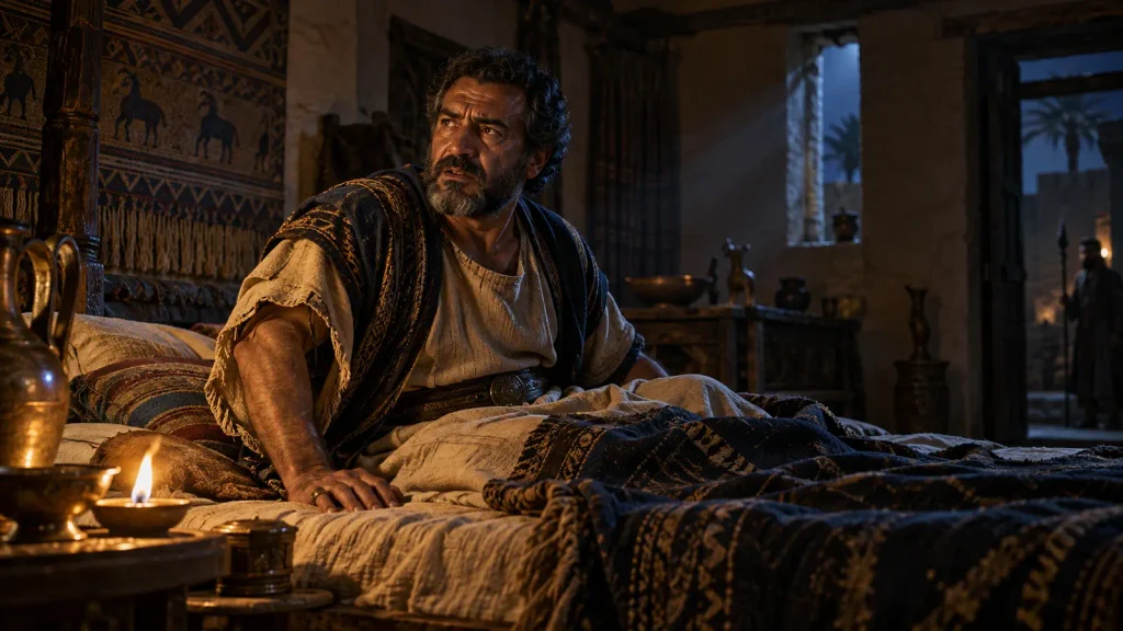 King Abimelech awakens in his chamber after the warning dream concerning Sarah in Genesis 20:3–7.