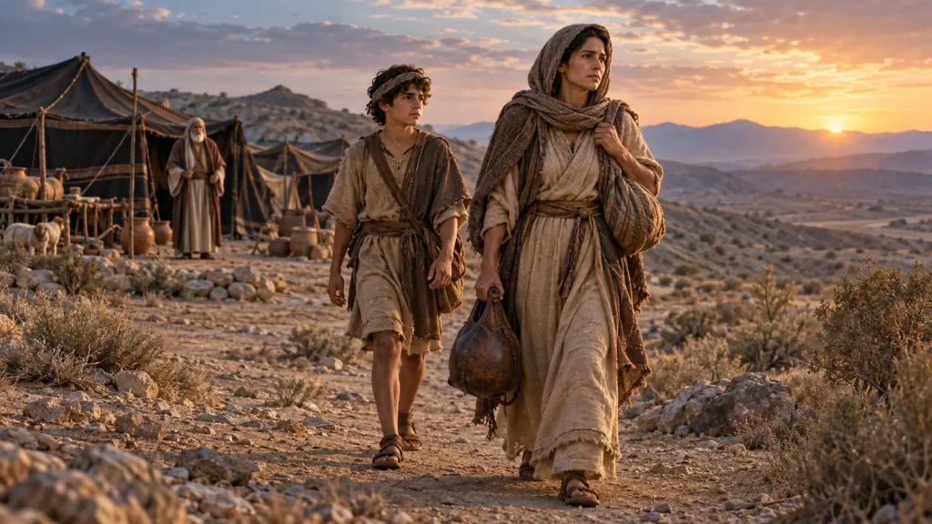 Hagar and the adolescent Ishmael leave Abraham’s encampment with provisions as Abraham watches from behind.
