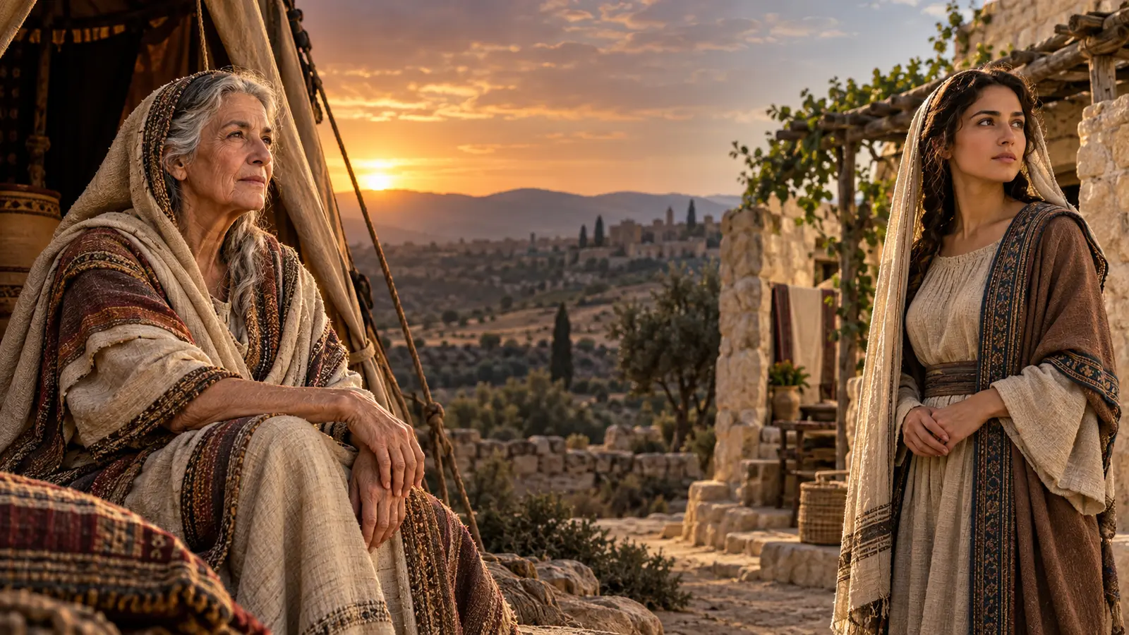 Conceptual depiction of Sarah and Rebekah in separate ancient Near Eastern settings, representing the generational transition in Genesis 22–24.