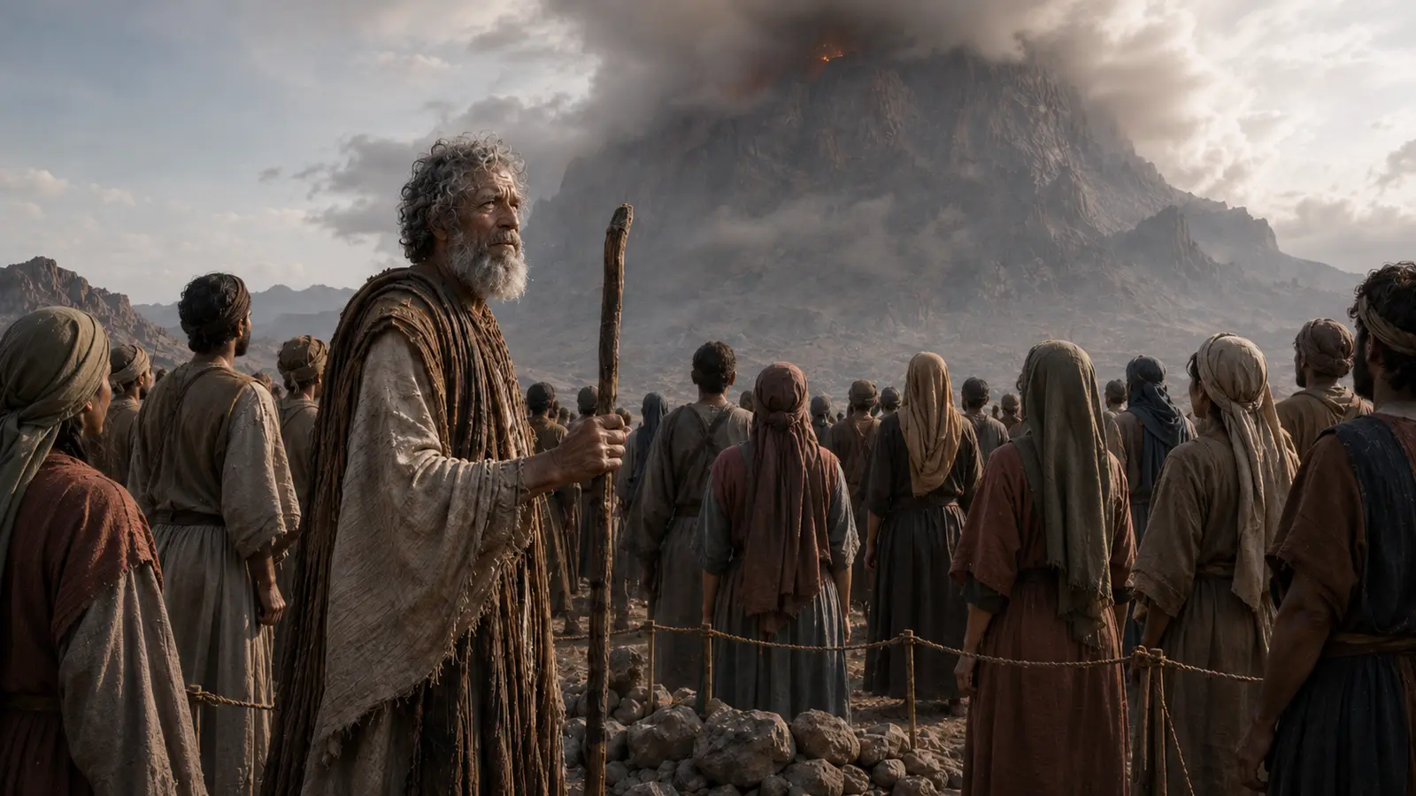 Moses and the Israelites stand before Mount Sinai as smoke covers the mountain before the Ten Commandments are given in Exodus 20.