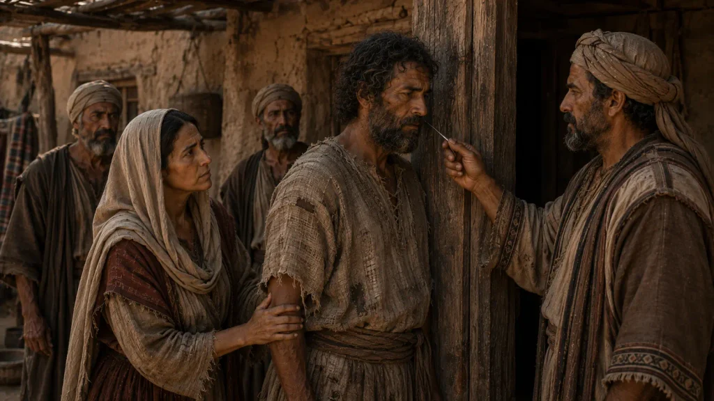 A Hebrew servant stands beside a wooden doorpost with his wife as a household master prepares the ear-piercing ritual in Exodus 21:5–6.