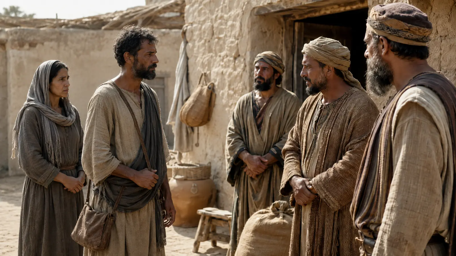 A woman and four men discussing justice in an ancient Israelite village, illustrating the protections in Exodus 22.