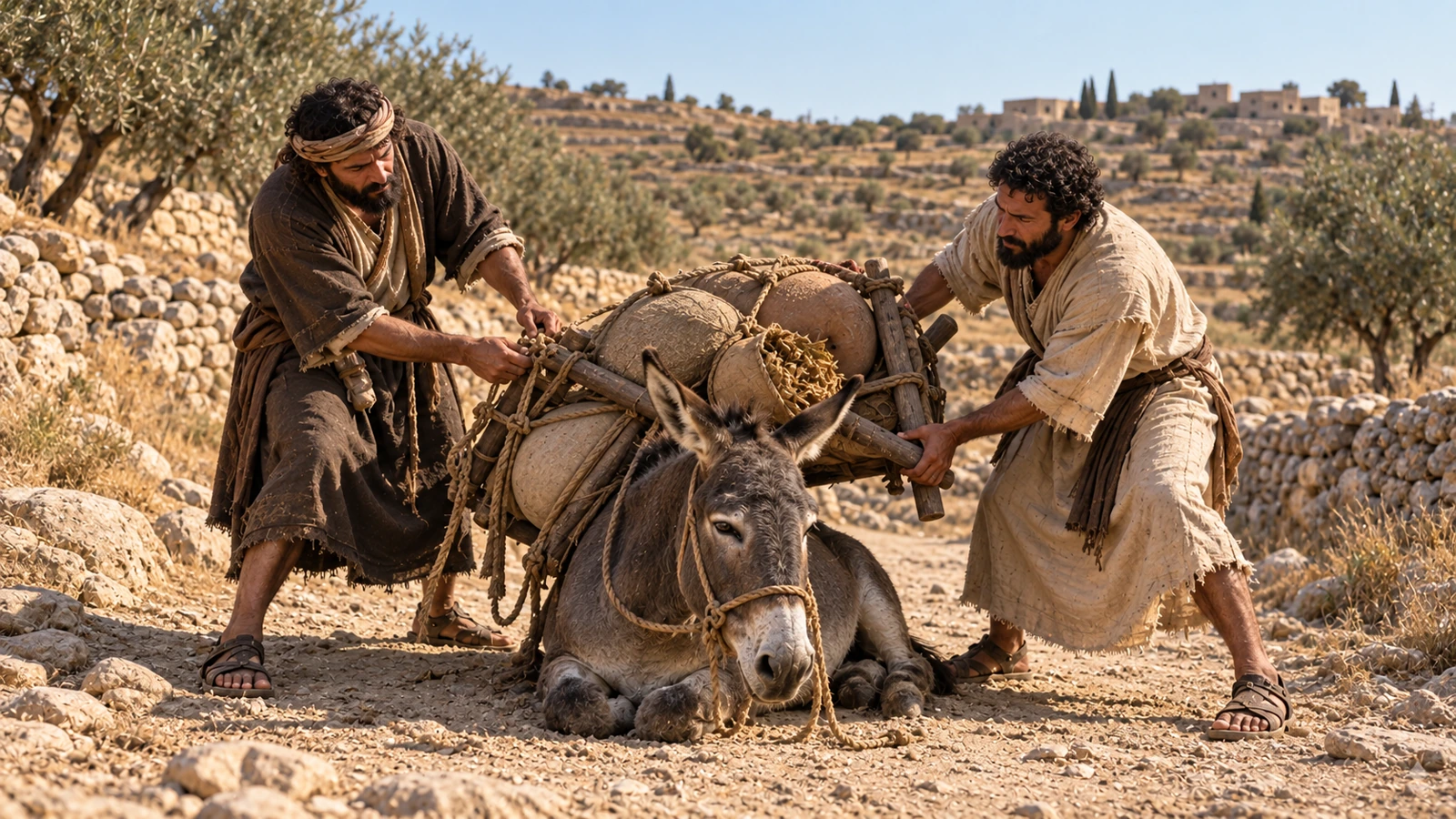Two adversaries work together to remove a heavy load from a resting donkey on an ancient Israelite road, illustrating Exodus 23:5.