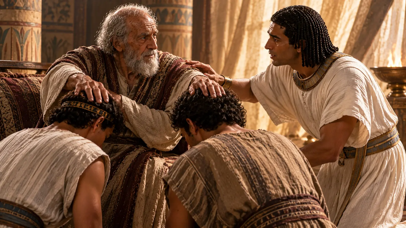 Elderly Jacob blesses Ephraim and Manasseh while Joseph watches in Genesis 48.