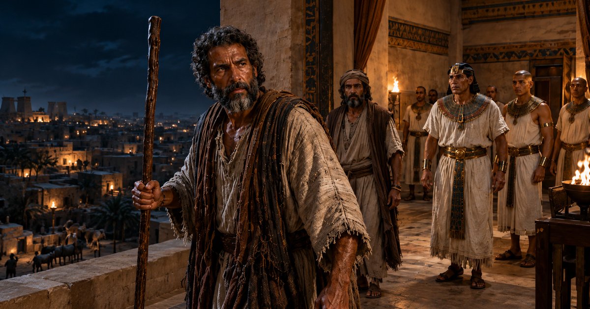 Moses leaving Pharaoh’s court at night after announcing the final plague, while Pharaoh and Egyptian officials watch from the palace.