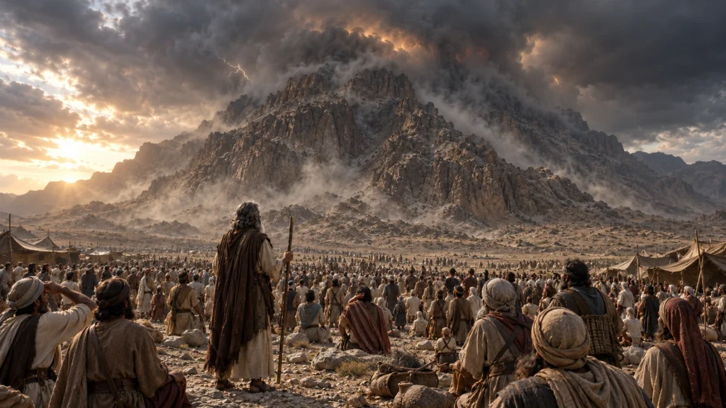 Moses and the Israelites stand before Mount Sinai as smoke, storm clouds, and lightning cover the mountain in Exodus 19.

