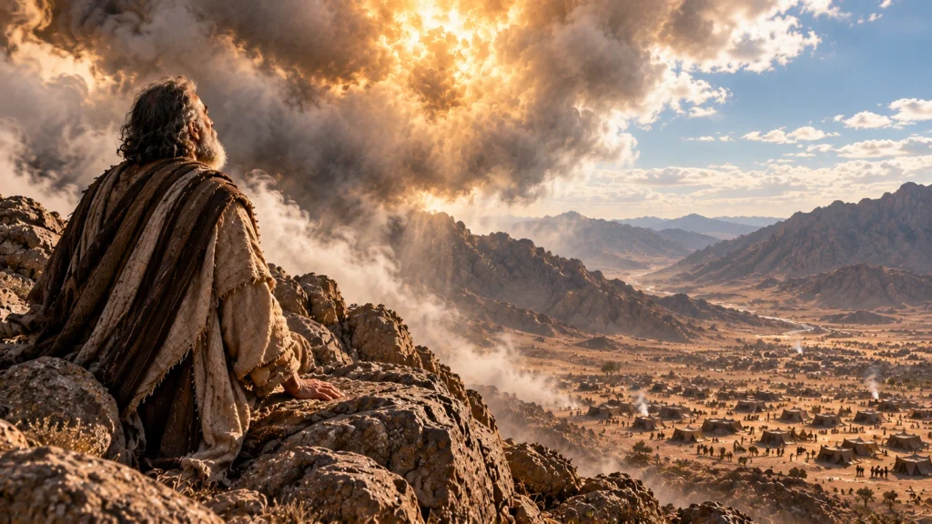 Current image: Moses receives God’s instructions on Mount Sinai while the Israelite camp lies far below in the wilderness.