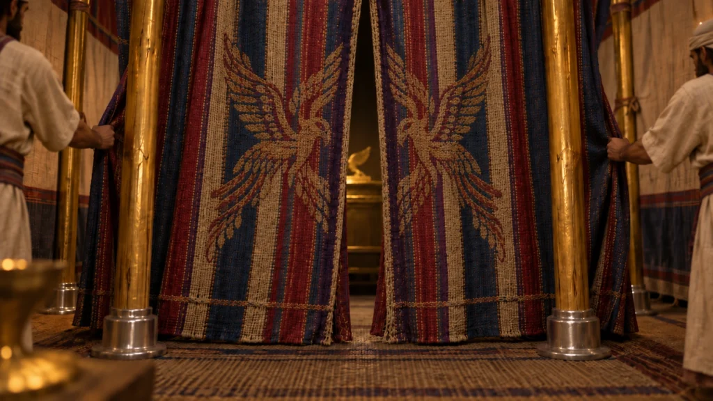 Current image: Israelite craftsmen install the sacred veil separating the Holy Place from the Most Holy Place inside the tabernacle.