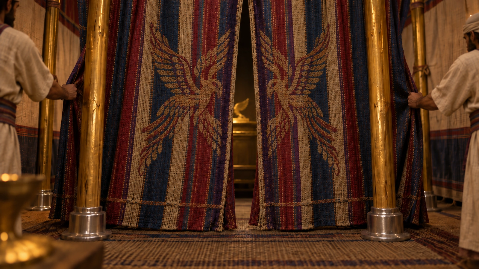 Israelite craftsmen install the sacred veil separating the Holy Place from the Most Holy Place inside the tabernacle.