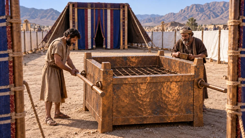 Israelite craftsmen beside the bronze altar in the tabernacle courtyard, directly before the sanctuary entrance.
