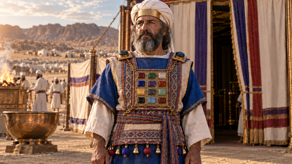Current image: Aaron wearing the high priestly garments of Exodus 28, with twelve tribal stones on the breastpiece and two memorial stones on his shoulders.