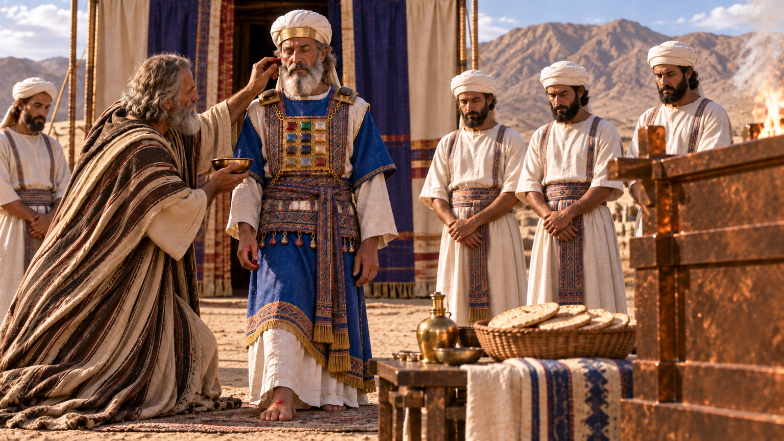 Moses applies blood to Aaron’s right ear during the priestly consecration ceremony at the entrance of the tabernacle in Exodus 29.