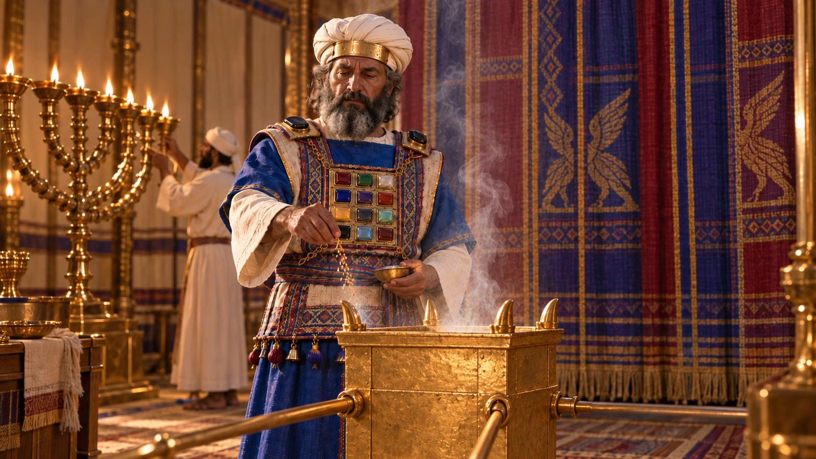 Aaron burns sacred incense on the golden altar before the veil inside the Holy Place of the tabernacle in Exodus 30.