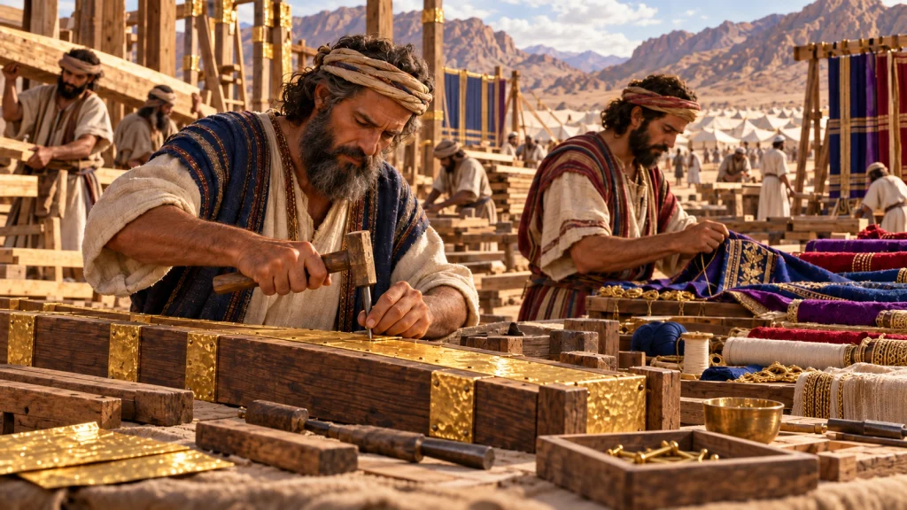 Bezalel works on tabernacle craftsmanship in the wilderness while Oholiab prepares embroidered fabric in Exodus 31.