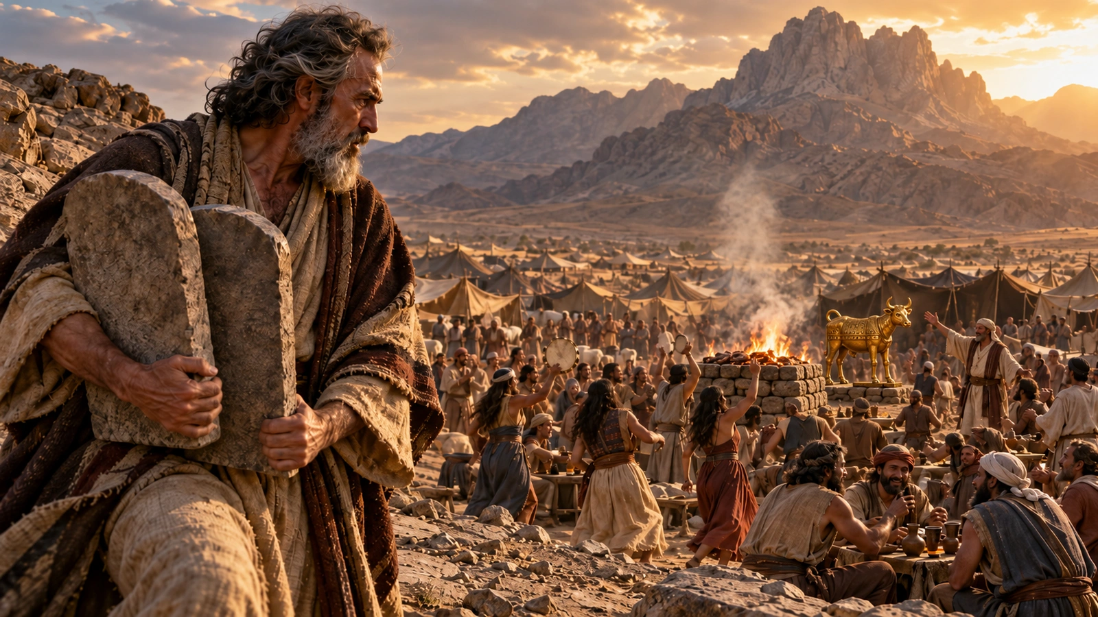 Moses approaches the Israelite camp carrying the stone tablets as the people celebrate before the golden calf in Exodus 32.