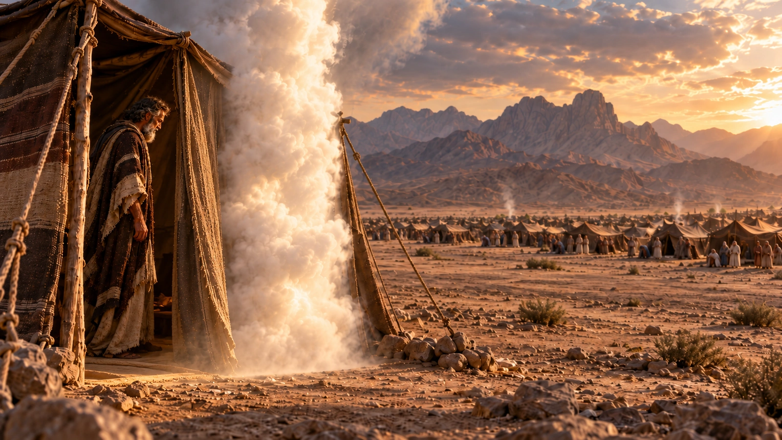 Moses stands inside the Tent of Meeting outside the Israelite camp as the pillar of cloud rests at the entrance in Exodus 33.
