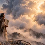 Moses holding two stone tablets on Mount Sinai as a dense luminous cloud descends over the rocky summit at dawn.