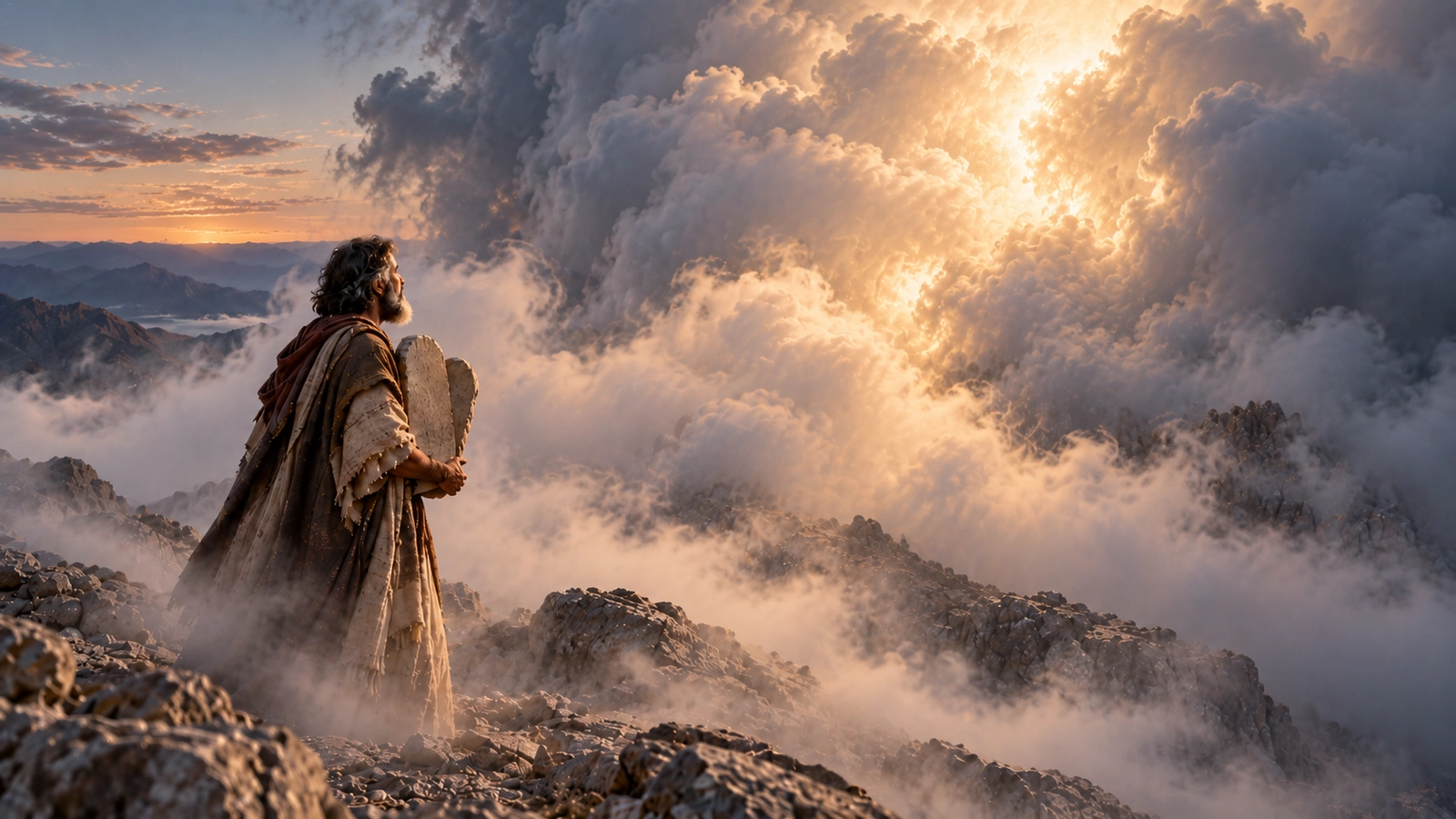 Moses holding two stone tablets on Mount Sinai as a dense luminous cloud descends over the rocky summit at dawn.