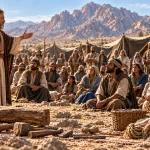 Moses addressing the Israelites in the wilderness before tabernacle construction begins, with unused tools and materials in the foreground.