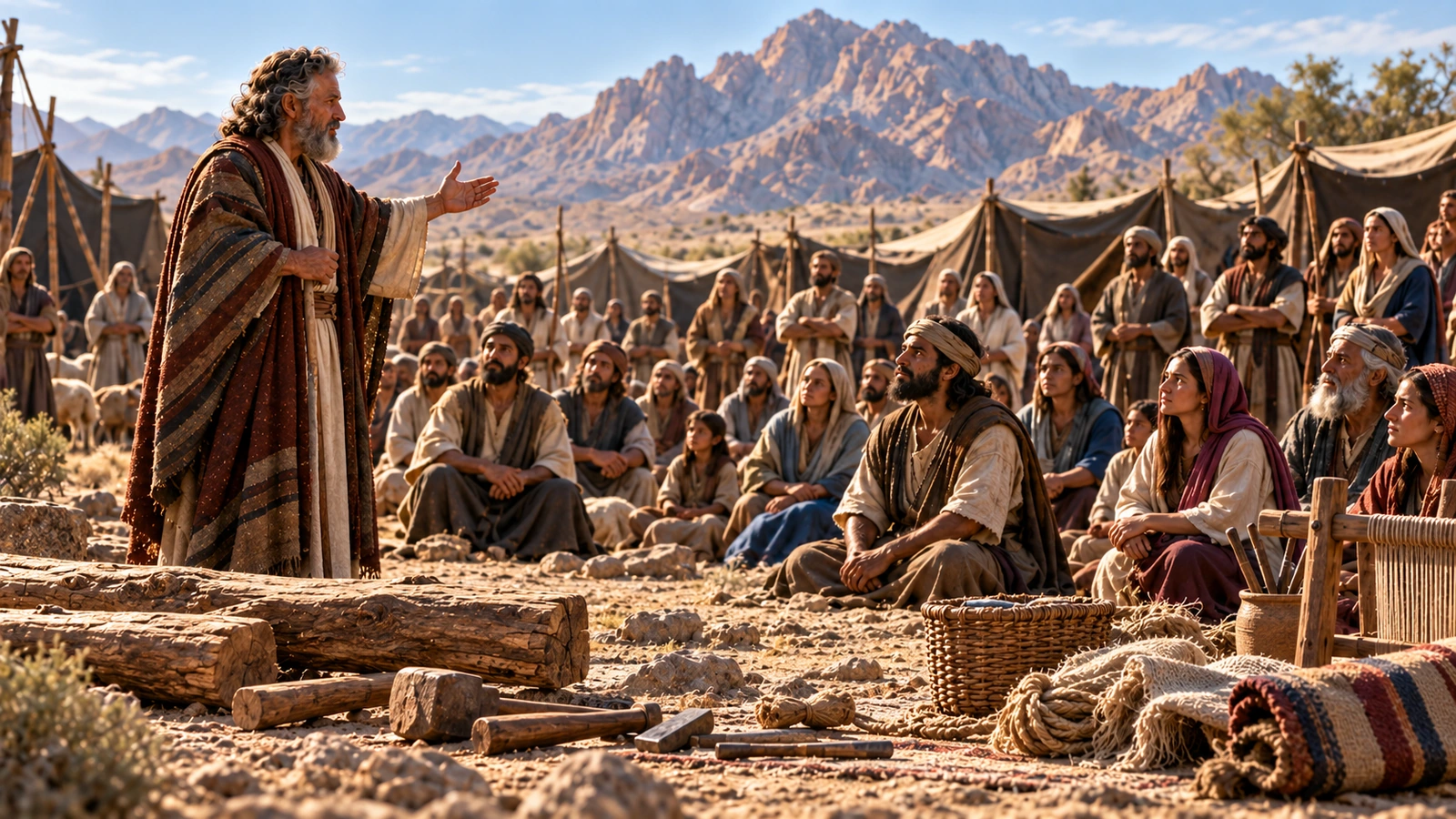 Moses addressing the Israelites in the wilderness before tabernacle construction begins, with unused tools and materials in the foreground.