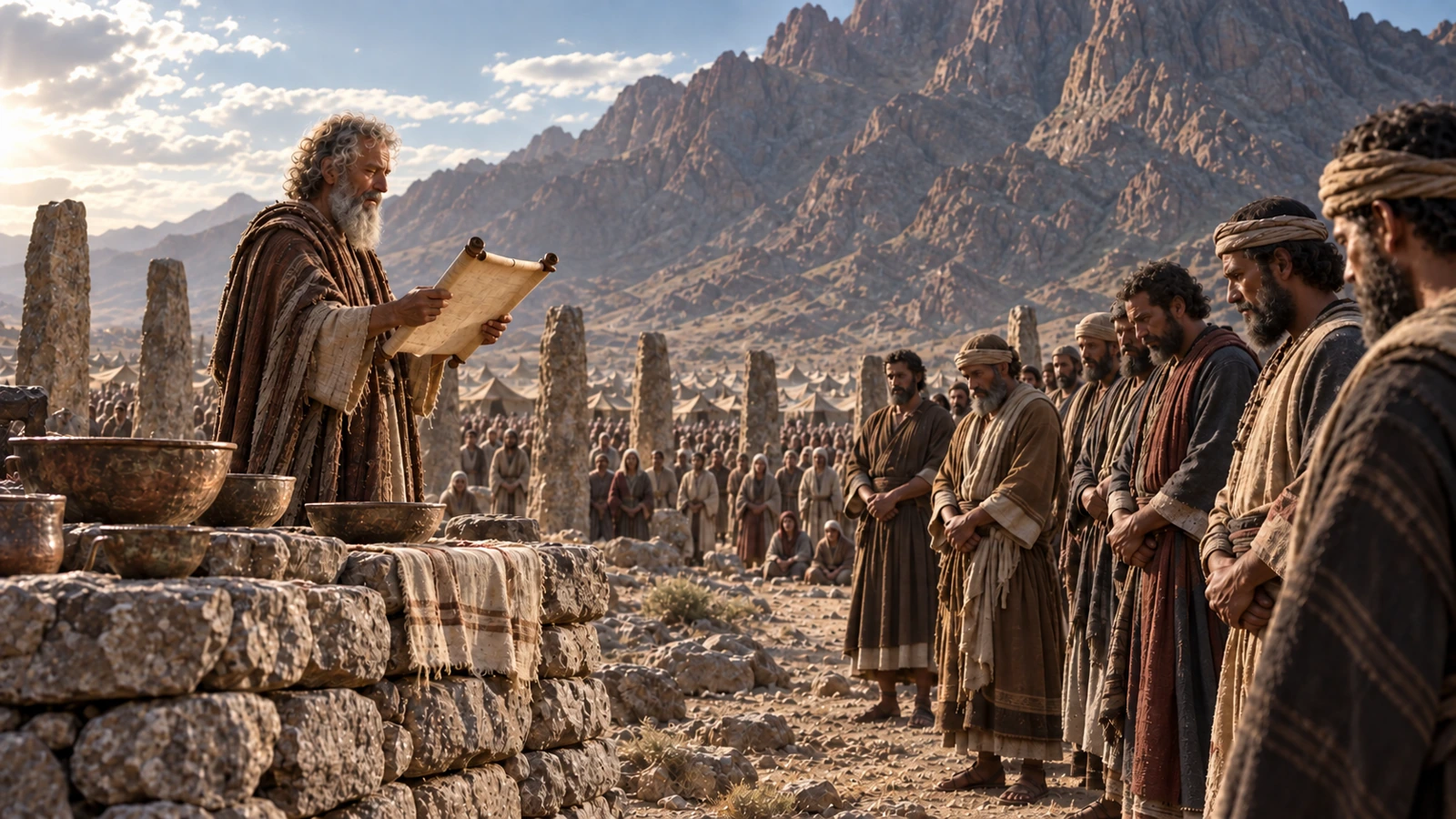 Moses reads the Book of the Covenant beside a stone altar as Israelite representatives listen at the foot of Mount Sinai in Exodus 24.