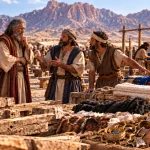Moses listening to skilled artisans who report that Israel has already brought more than enough materials for the tabernacle.