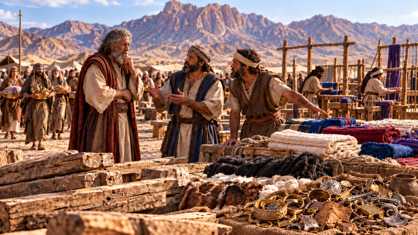 Moses listening to skilled artisans who report that Israel has already brought more than enough materials for the tabernacle.
