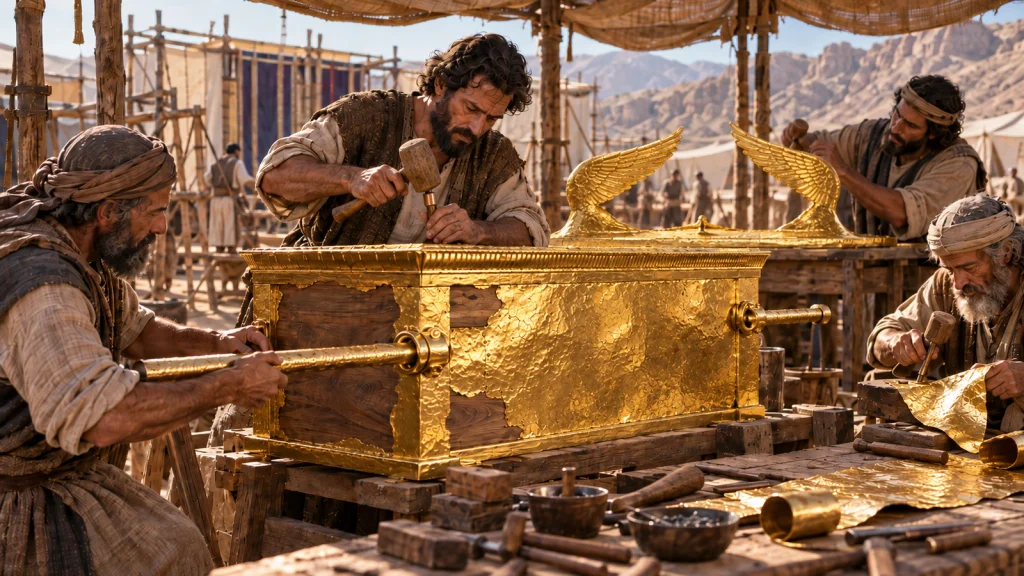 Bezalel and skilled artisans constructing the Ark of the Covenant from acacia wood overlaid with gold, based on Exodus 37:1–9.