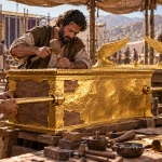 Bezalel and skilled artisans constructing the Ark of the Covenant from acacia wood overlaid with gold, based on Exodus 37:1–9.