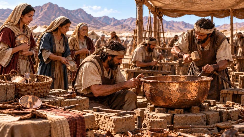 Israelite artisans shaping the bronze basin while women contribute polished metal mirrors, based on Exodus 38:8.