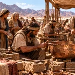 Israelite artisans shaping the bronze basin while women contribute polished metal mirrors, based on Exodus 38:8.