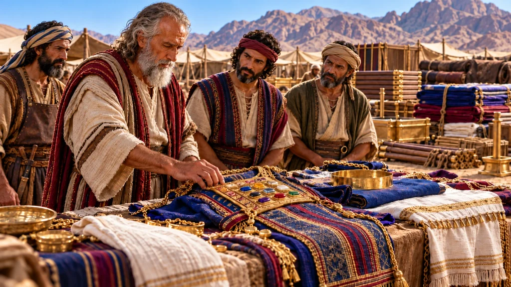 Moses inspecting the completed priestly garments and tabernacle components presented by skilled artisans, based on Exodus 39:42–43.