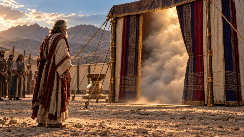 Moses standing outside the completed tabernacle as a dense cloud fills the Tent of Meeting, based on Exodus 40:34–35.