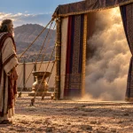 Moses standing outside the completed tabernacle as a dense cloud fills the Tent of Meeting, based on Exodus 40:34–35.