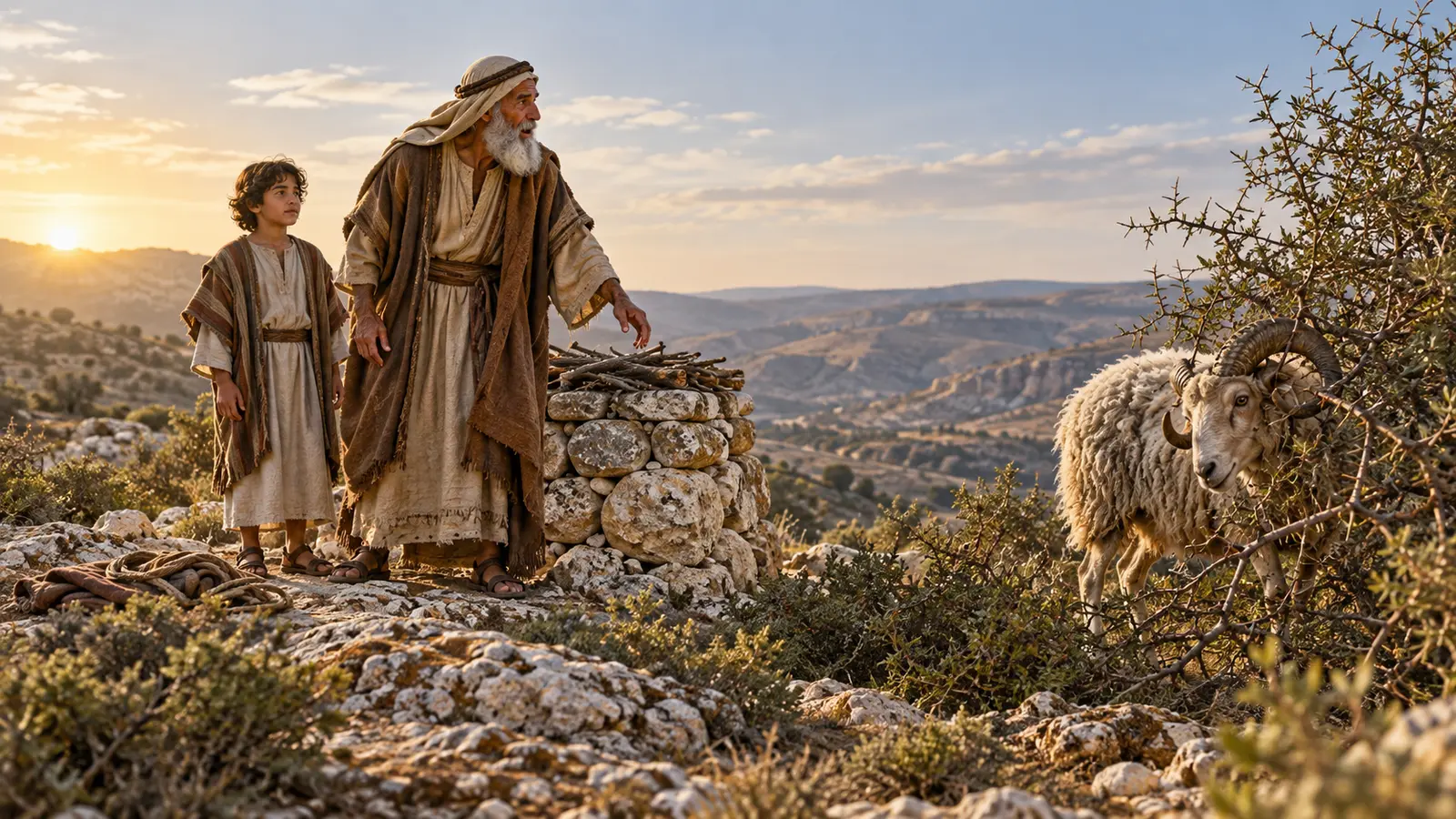 Abraham looks toward a ram caught by its horns in a thicket after Isaac is spared in Genesis 22.