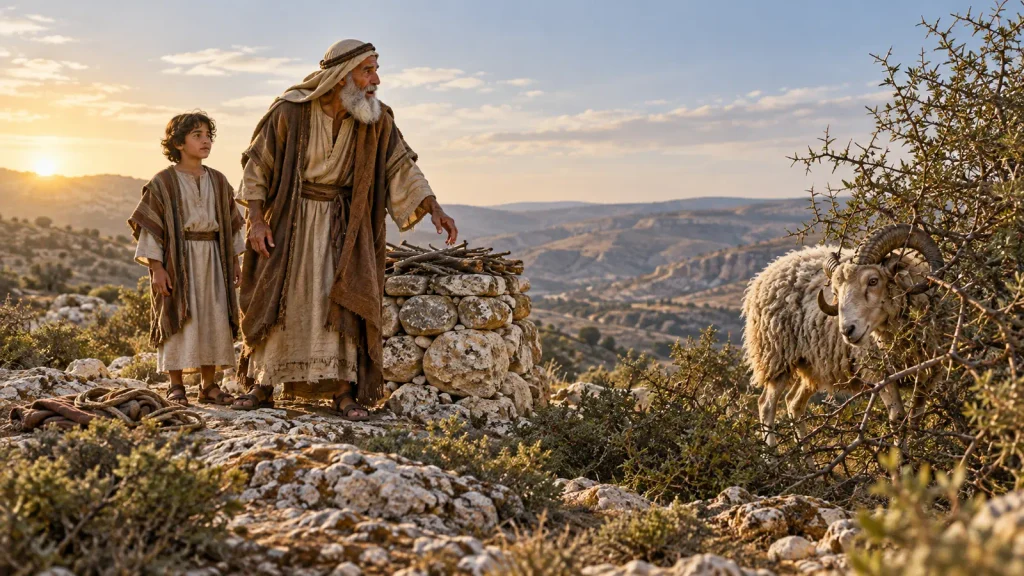 Abraham looks toward a ram caught by its horns in a thicket after Isaac is spared in Genesis 22.