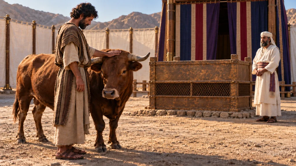 An Israelite places his hand on a bull's head near the bronze altar as a priest watches in the tabernacle courtyard (Leviticus 1:3–4).