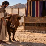 An Israelite places his hand on a bull's head near the bronze altar as a priest watches in the tabernacle courtyard (Leviticus 1:3–4).