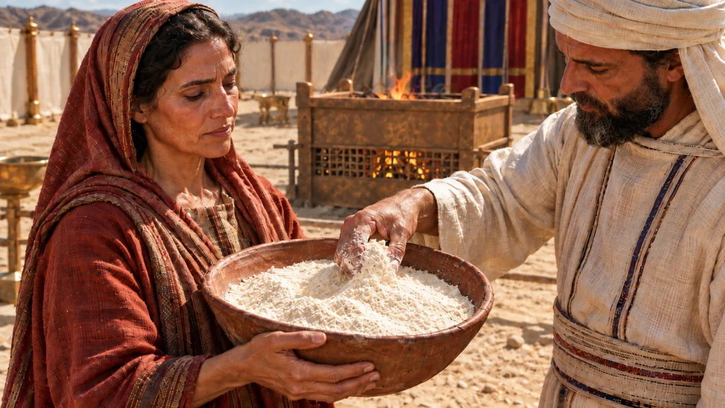 An Israelite woman holds a bowl of flour while a priest takes a handful near the bronze altar (Leviticus 2:1–3).