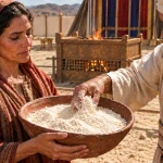An Israelite woman holds a bowl of flour while a priest takes a handful near the bronze altar (Leviticus 2:1–3).