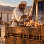 An Israelite priest places animal fat over the flames of a bronze altar while a worshiper watches in the tabernacle courtyard.