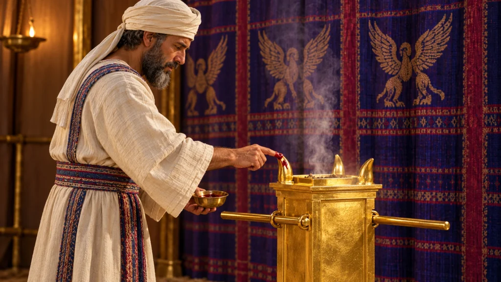 An Aaronic priest applies blood to a horn of the golden incense altar inside the Tabernacle (Leviticus 4:7).