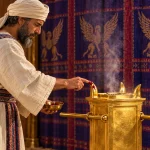 An Aaronic priest applies sacrificial blood to a horn of the golden incense altar inside the tabernacle, as described in Leviticus 4:7.