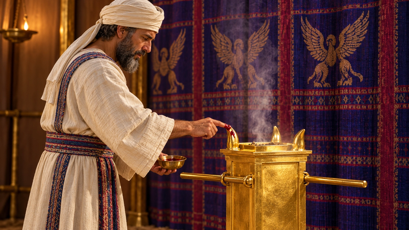 An Aaronic priest applies sacrificial blood to a horn of the golden incense altar inside the tabernacle, as described in Leviticus 4:7.